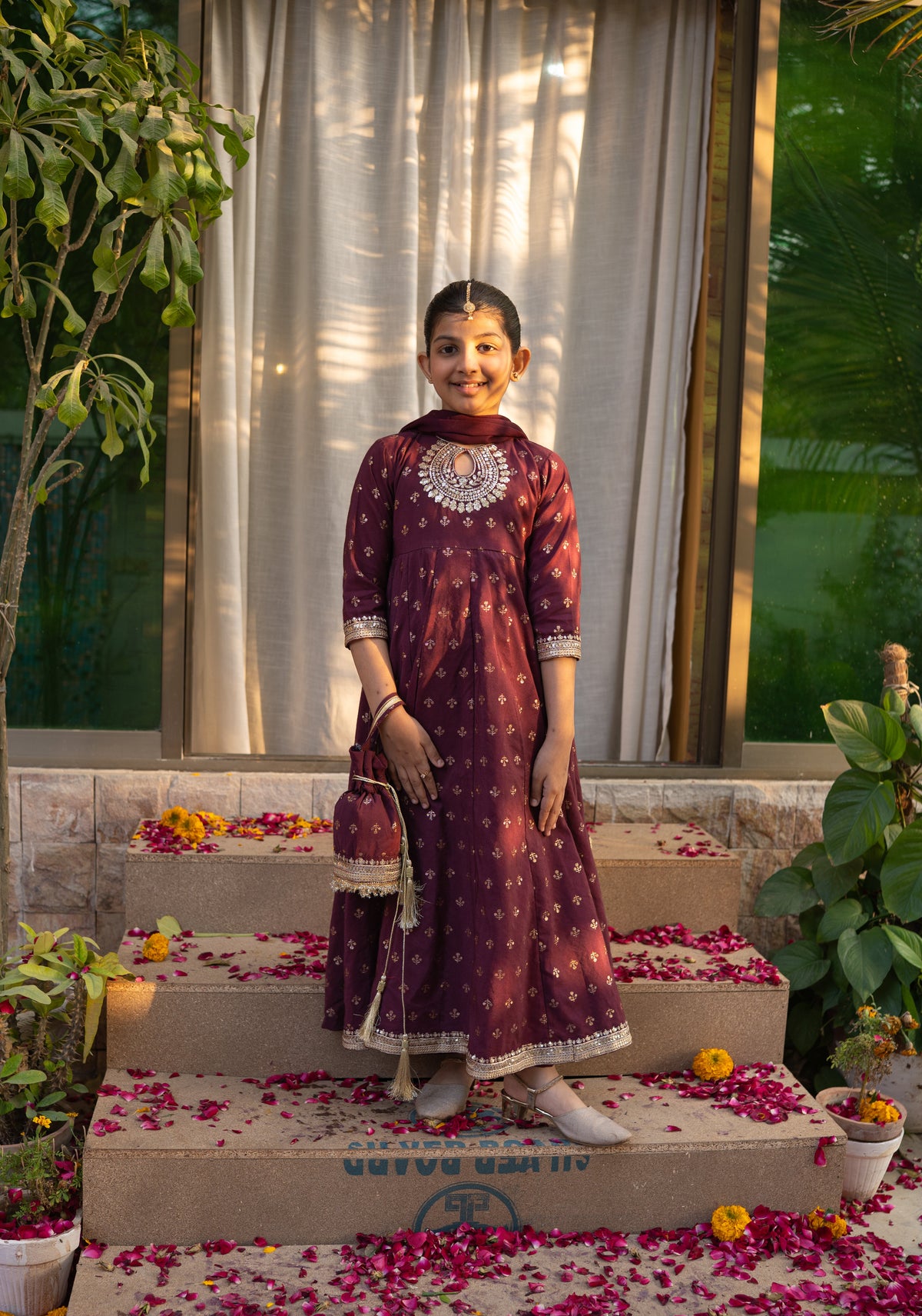 Cheeco Chic - Cotton Silk Frock For Girl - Plum - 3 Piece