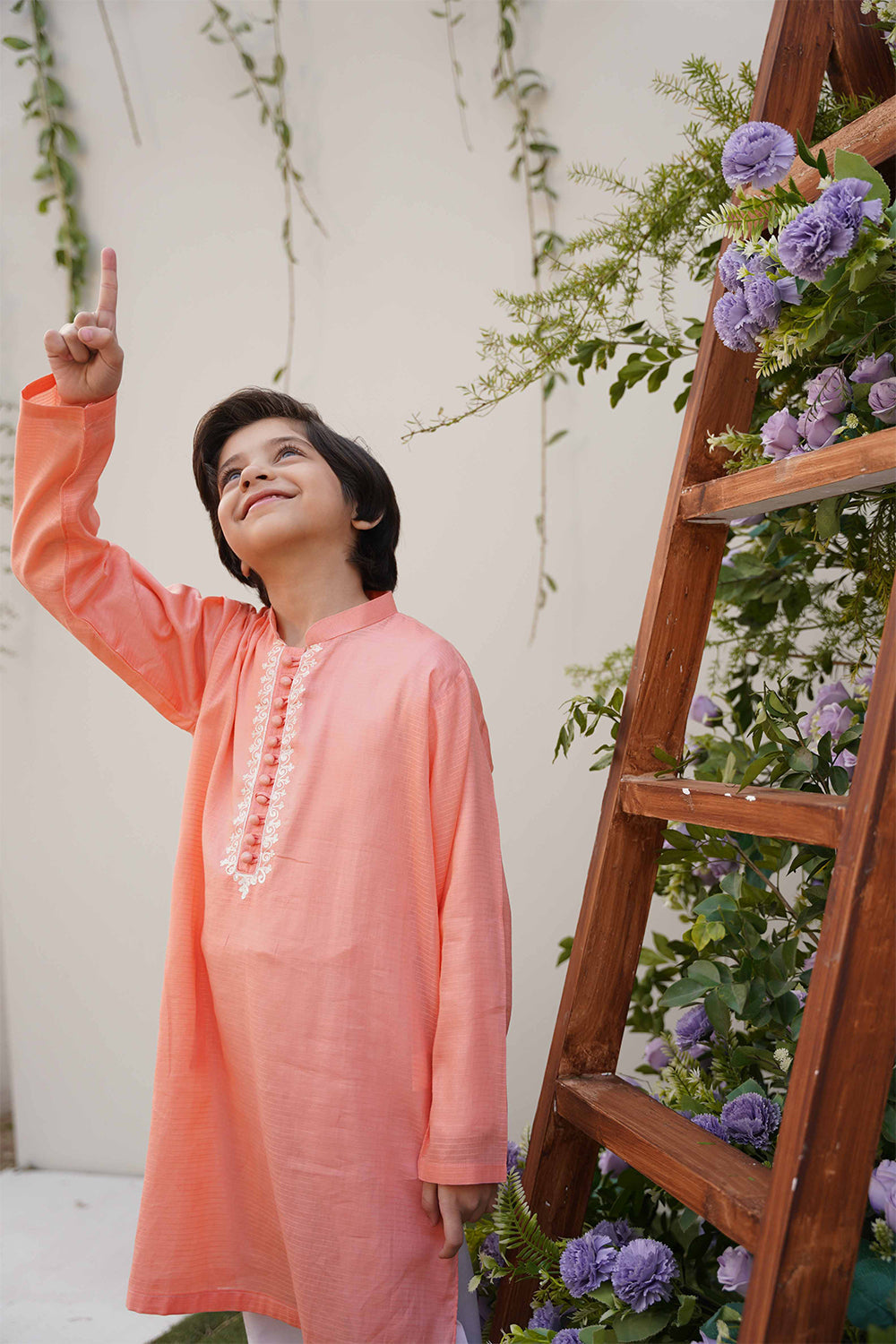 Hummingbirds - Rosy Apricot  Embroidered Kurta For Boy
