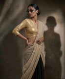 Maheen Khan - Drawstring Blended Chiffon V Neck Blouse For Women - Gold - 1 Piece