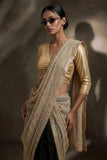 Maheen Khan - Drawstring Blended Chiffon V Neck Blouse For Women - Gold - 1 Piece