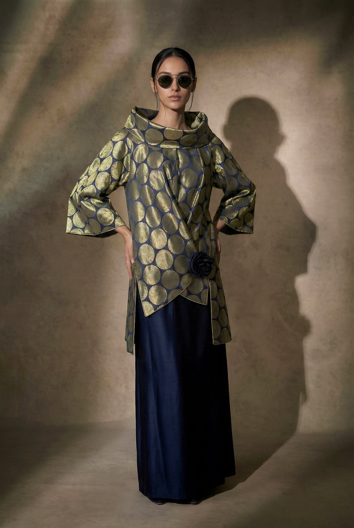 Maheen Khan - Midnight Brocade Silk Top For Women - Navy Gold - 1 Piece