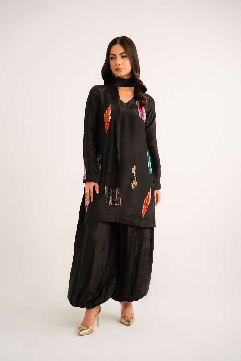 Leon -Midnight Prism Tassle Silk Suit For Women - Black - 2 Piece