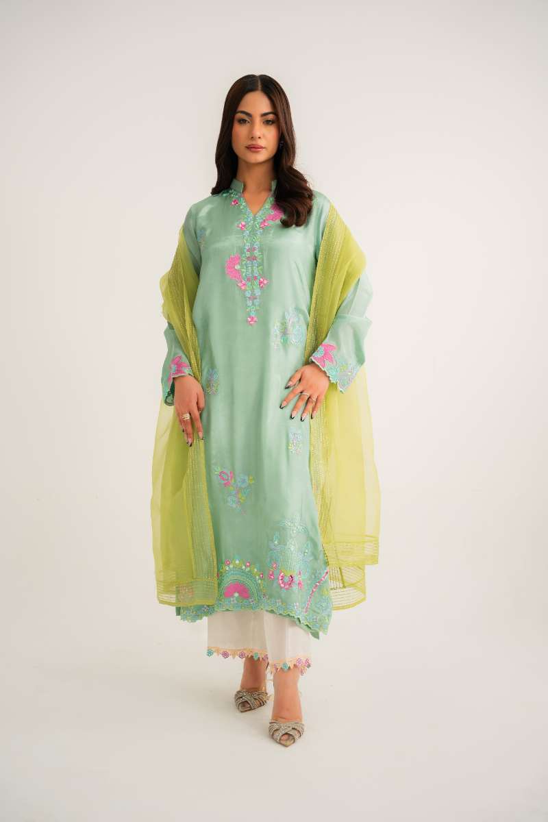 Leon -Elara Sheesha Silk Suit For Women - Soft Mint - 2 Piece