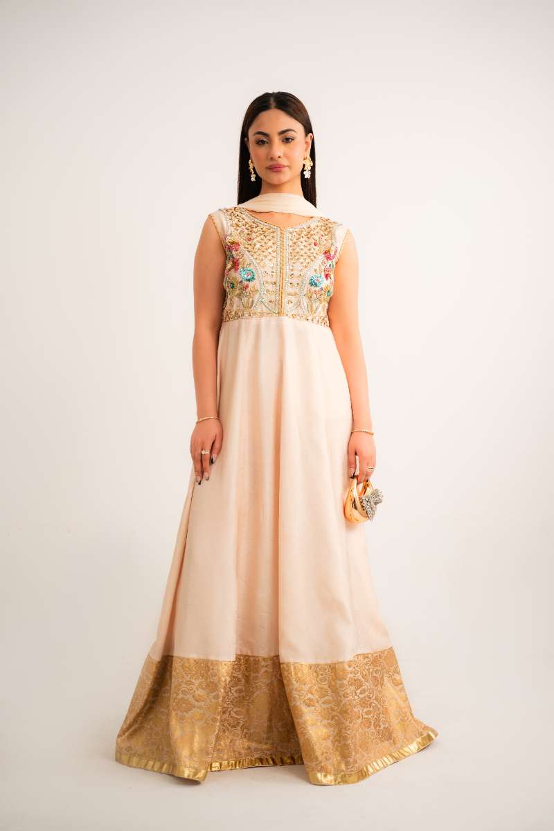 Leon -Ivory Bloom Korean Silk Suit For Women - Wide Golden - 2 Piece