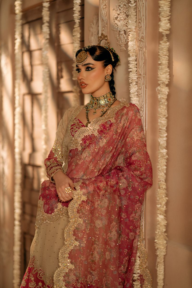 Fozia Khalid - Roka - Organza - Beige skin & magenta - 4 Piece