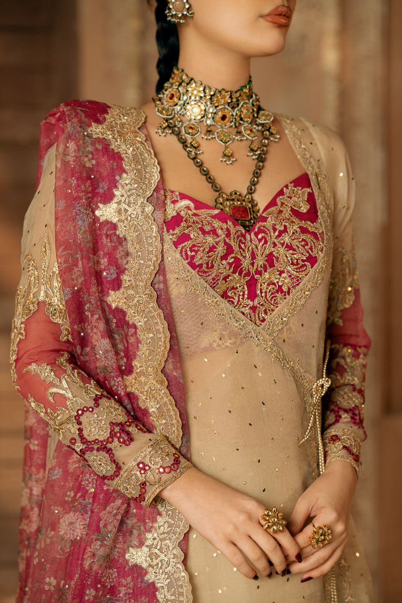 Fozia Khalid - Roka - Organza - Beige skin & magenta - 4 Piece