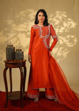 Shahid Chuhan - Ruby Rouge Silk Suit For Women - Orange