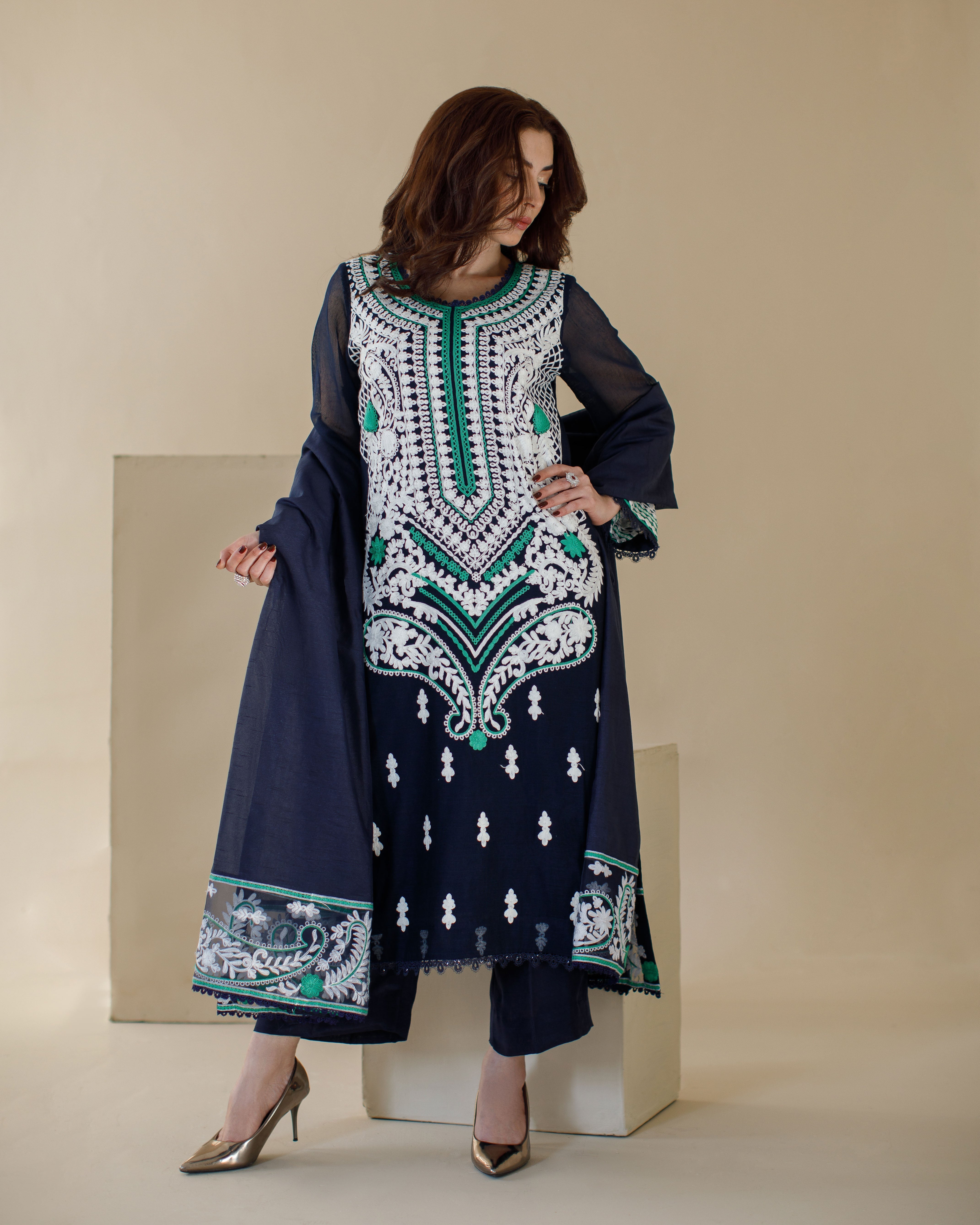 Ombrella - Ethnic - Khaadi Net - Navy Blue - 3 Piece