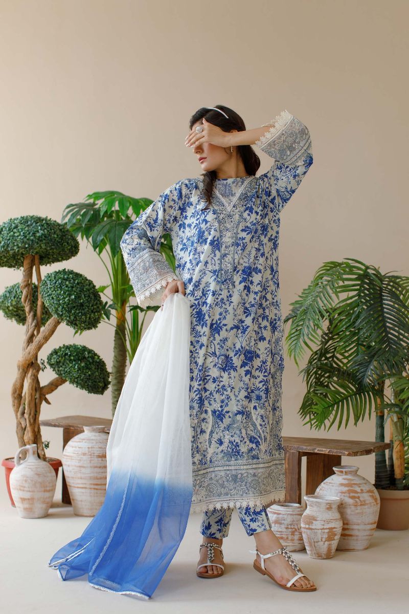 Ombrella - Wildflower- Embroidered - Blue - Lawn - 3 Piece