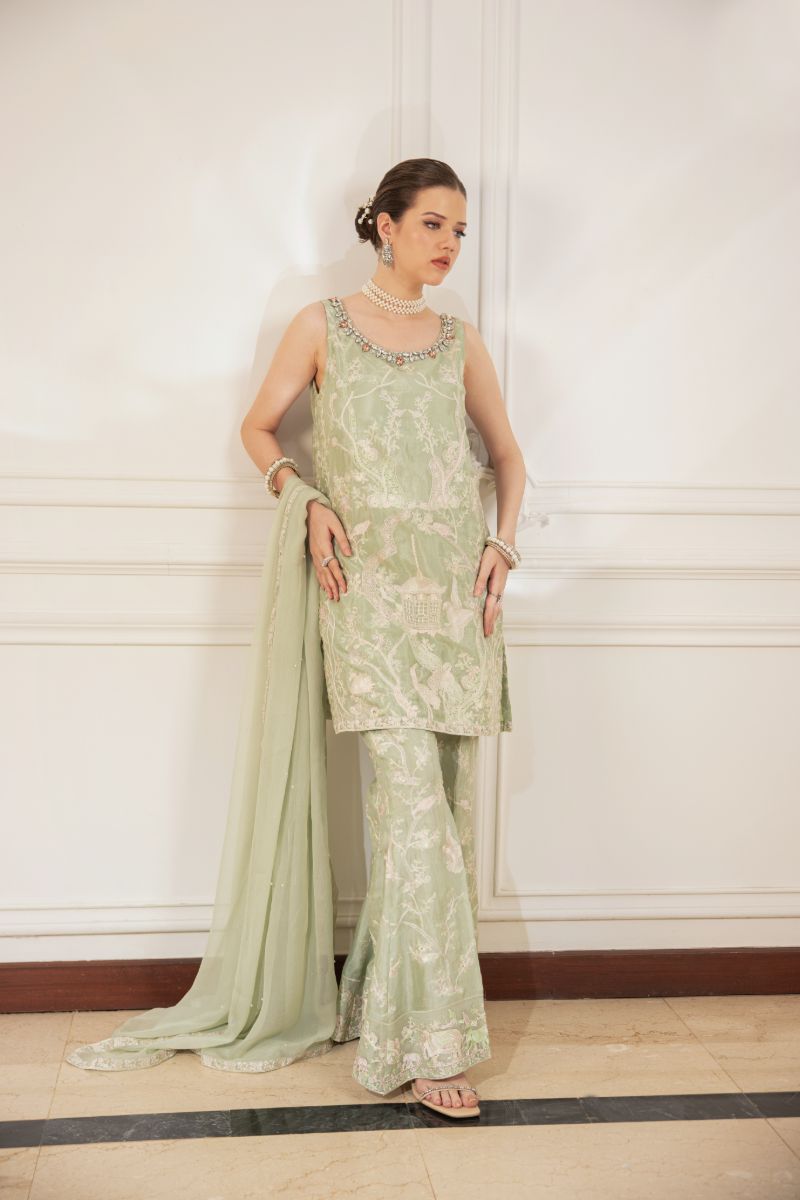 Shehrnaz - Solene - SHK-1487 - Sea Green & Beige - Viscose Raw Silk - Gharara - 3 Piece