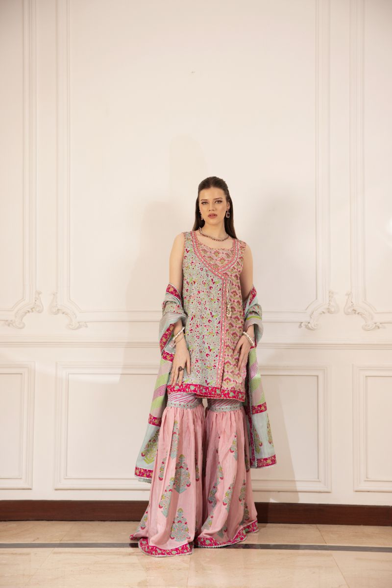 Shehrnaz - Lyra - SHK-1489 - Pink & Ferozi - Pk Medium Silk - Angrakha and Gharara - 3 Piece