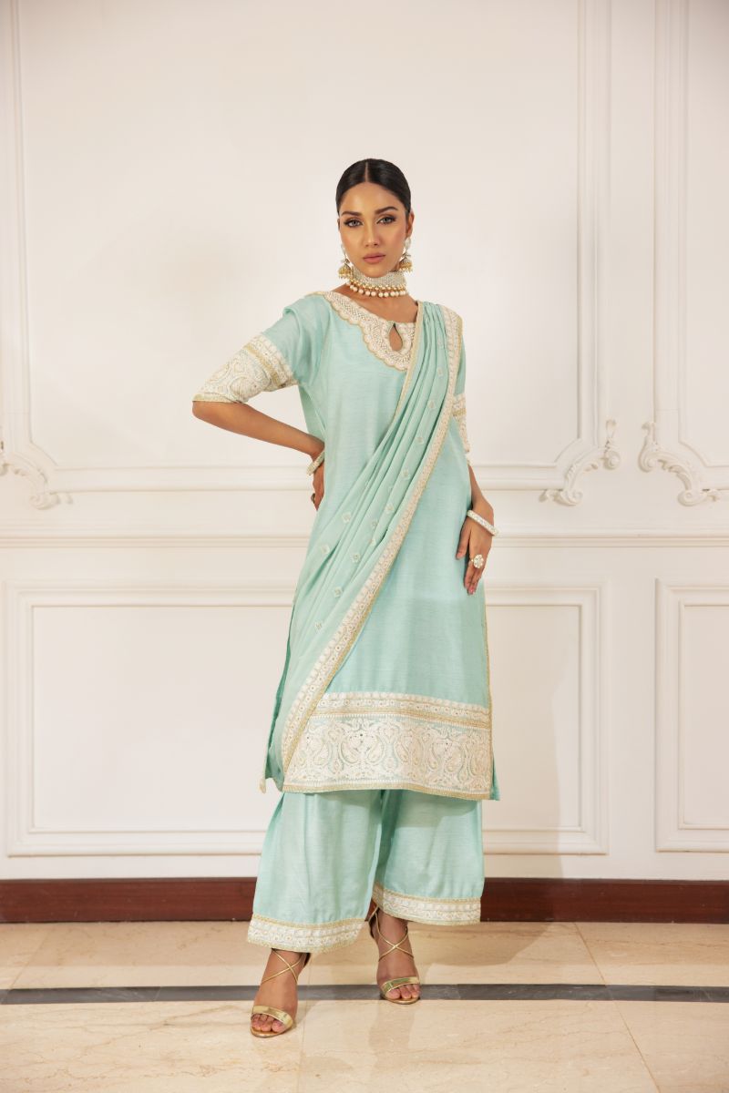 Shehrnaz - Nysa - SHK-1492 - Mint Green - Korean Silk - Kurta Set 3 Pcs - 3 Piece