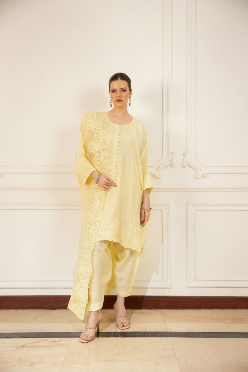 Shehrnaz - Zyla - SHK-1494 - Lime Green - Korean Silk - Kurta Set 3 Pcs - 3 Piece