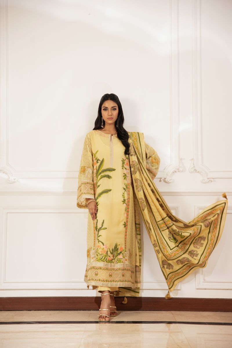 Shehrnaz - Liora - SHK-1496 - Yellow - Pure Chiffon - Long Shirts - 3 Piece
