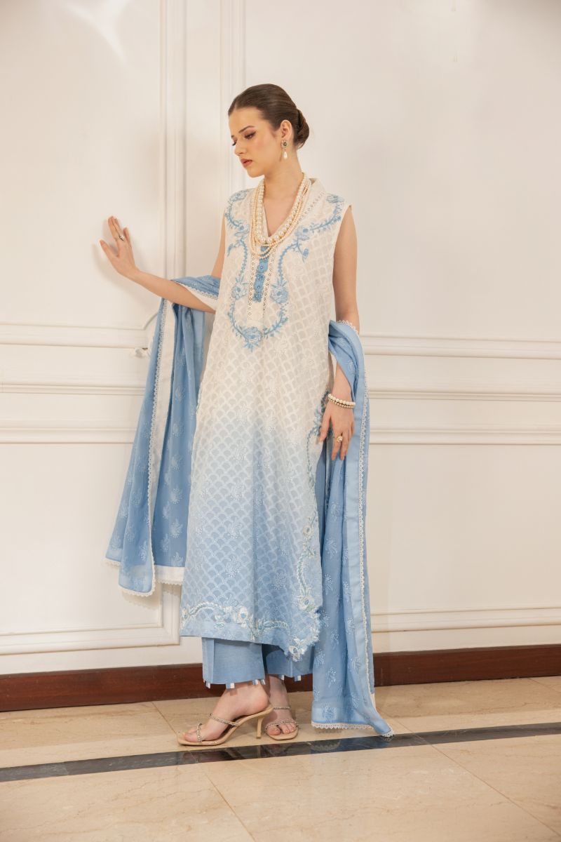 Shehrnaz - Faye - SHK-1497 - White & Blue - Pure Chiffon - Long Shirts - 3 Piece