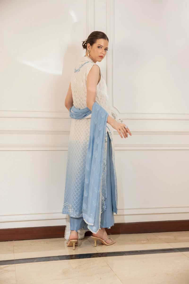 Shehrnaz - Faye - SHK-1497 - White & Blue - Pure Chiffon - Long Shirts - 3 Piece