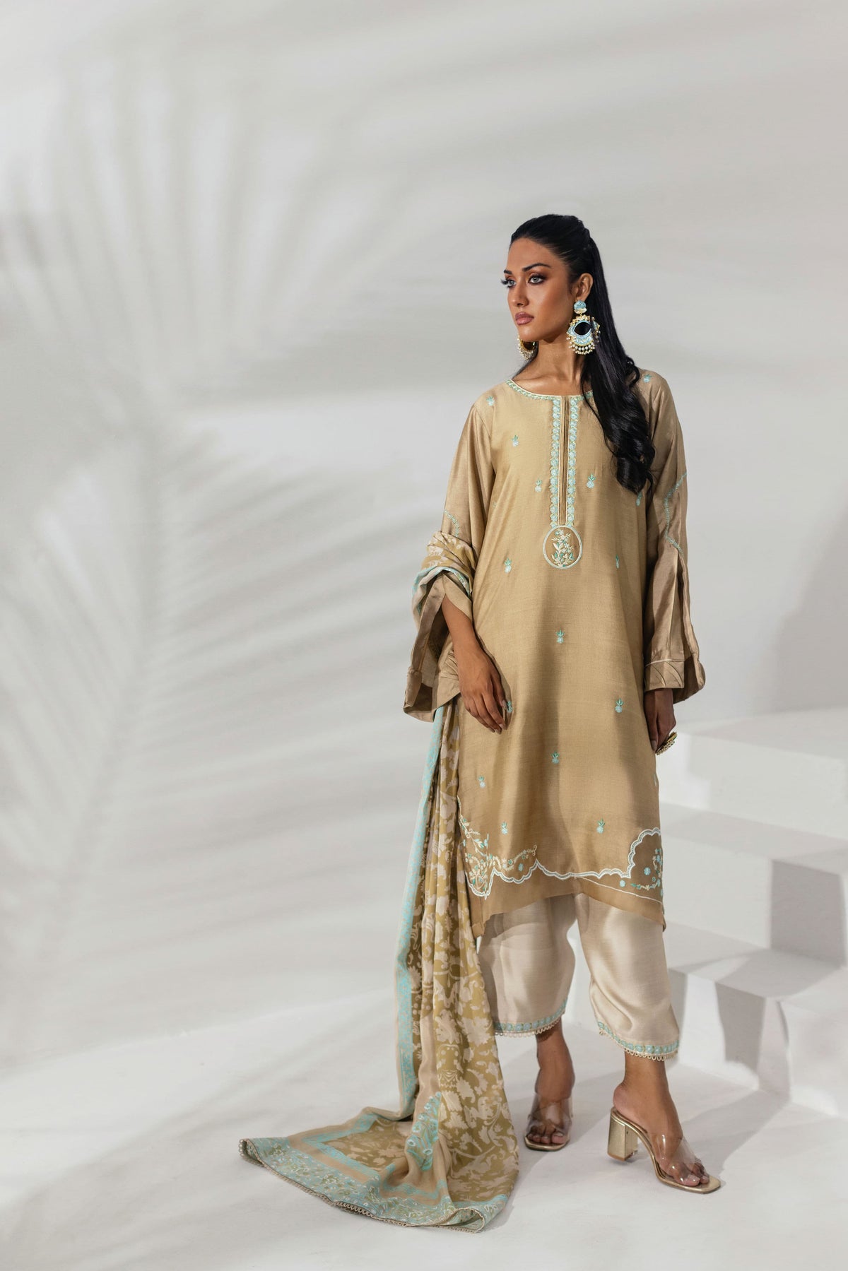 Shehrnaz - Fawn Tunic with Aqua Embroidered Accents - Beige - 3 Piece