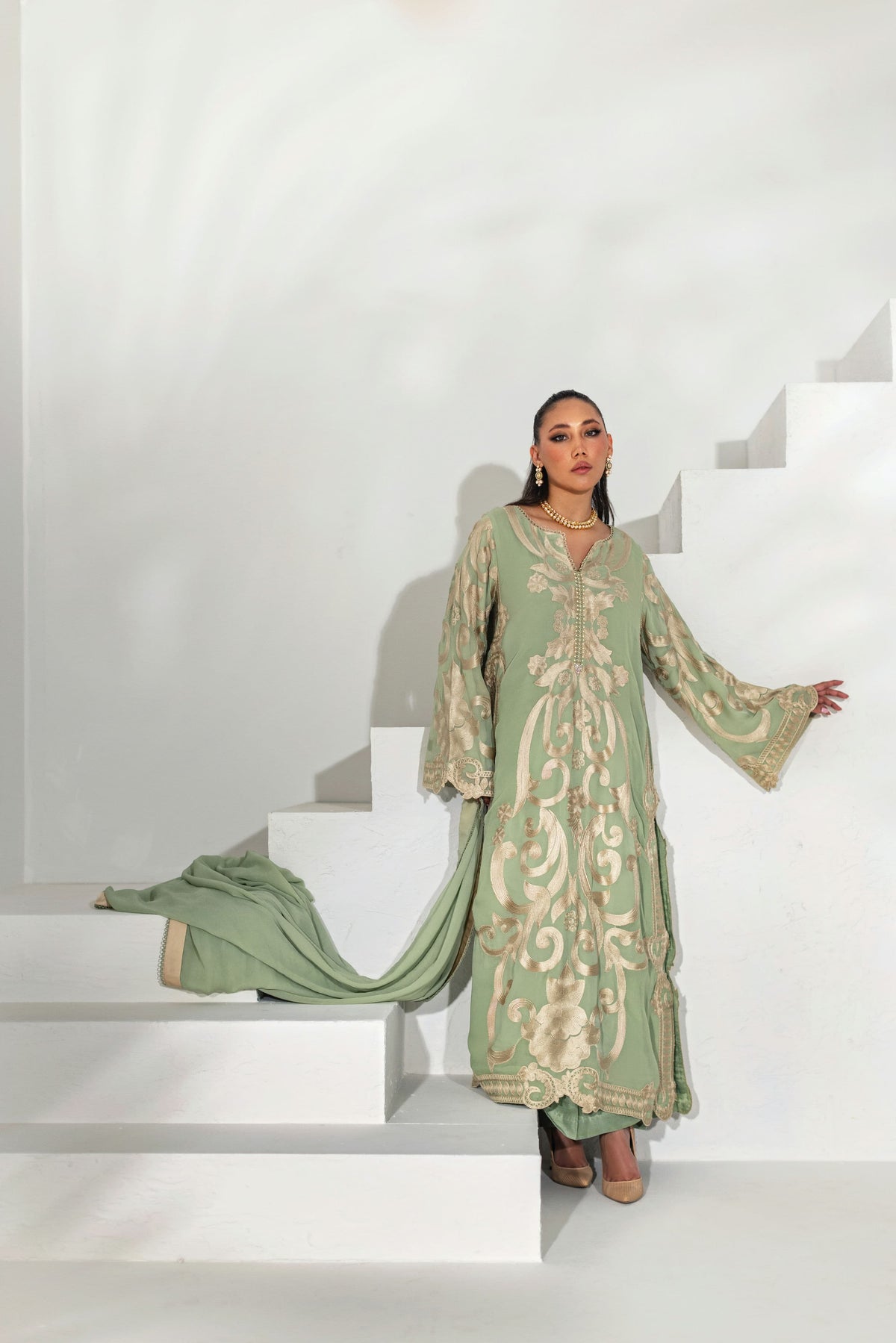 Shehrnaz - Sage Green Heavy Embroidered Scalloped Suit - Mint - 3 Piece