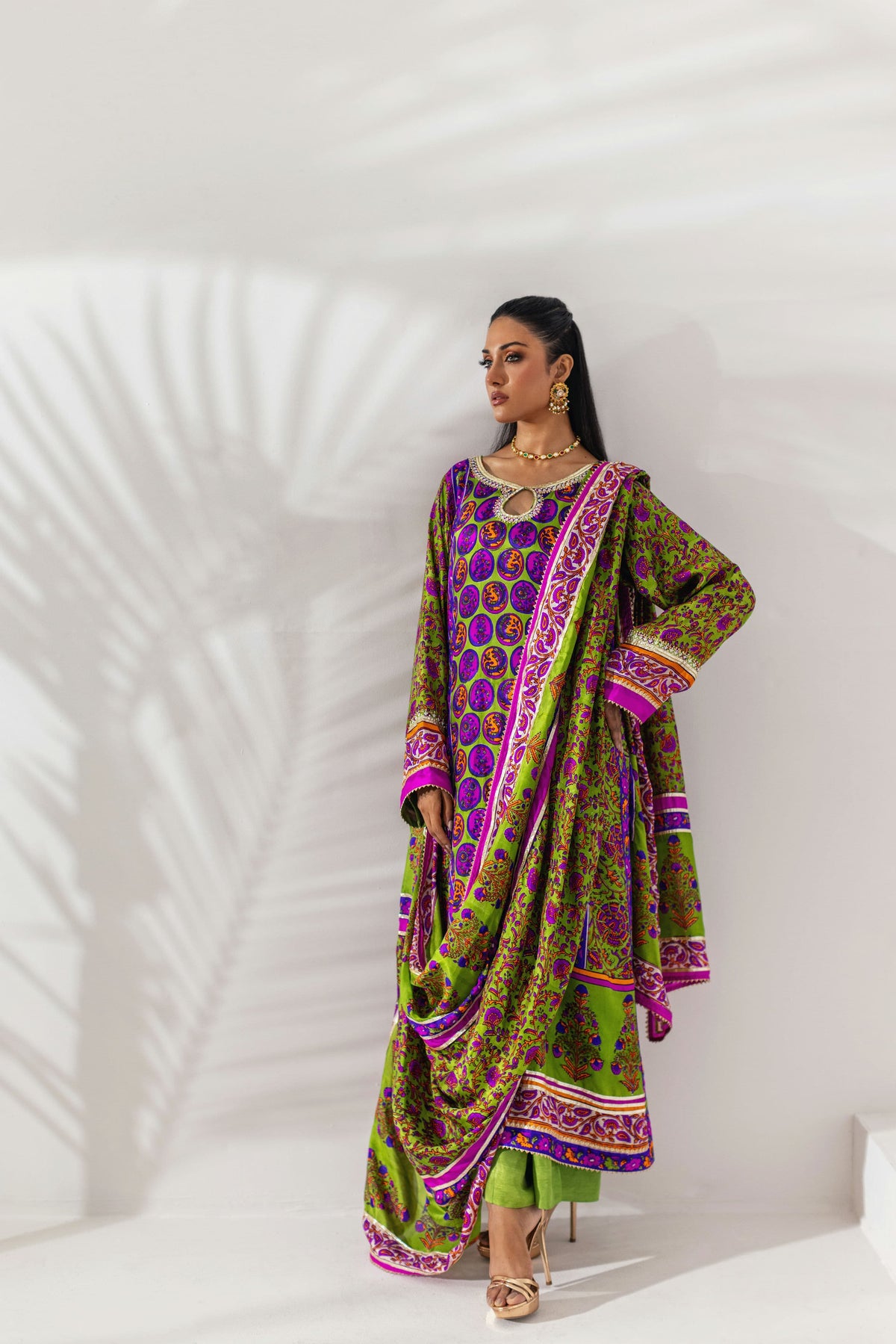 Shehrnaz - Chartreuse & Magenta Vibrant Printed Drape Set - Green - 3 Piece