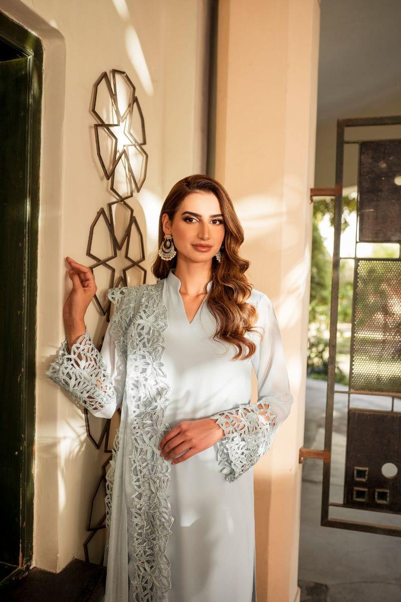 Natasha Kamal - Powder Blue Georgette Chiffon Shirt and Viscose Silk Pants with Mukesh Chiffon Dupatta - 3 Pieces - Studio by TCS