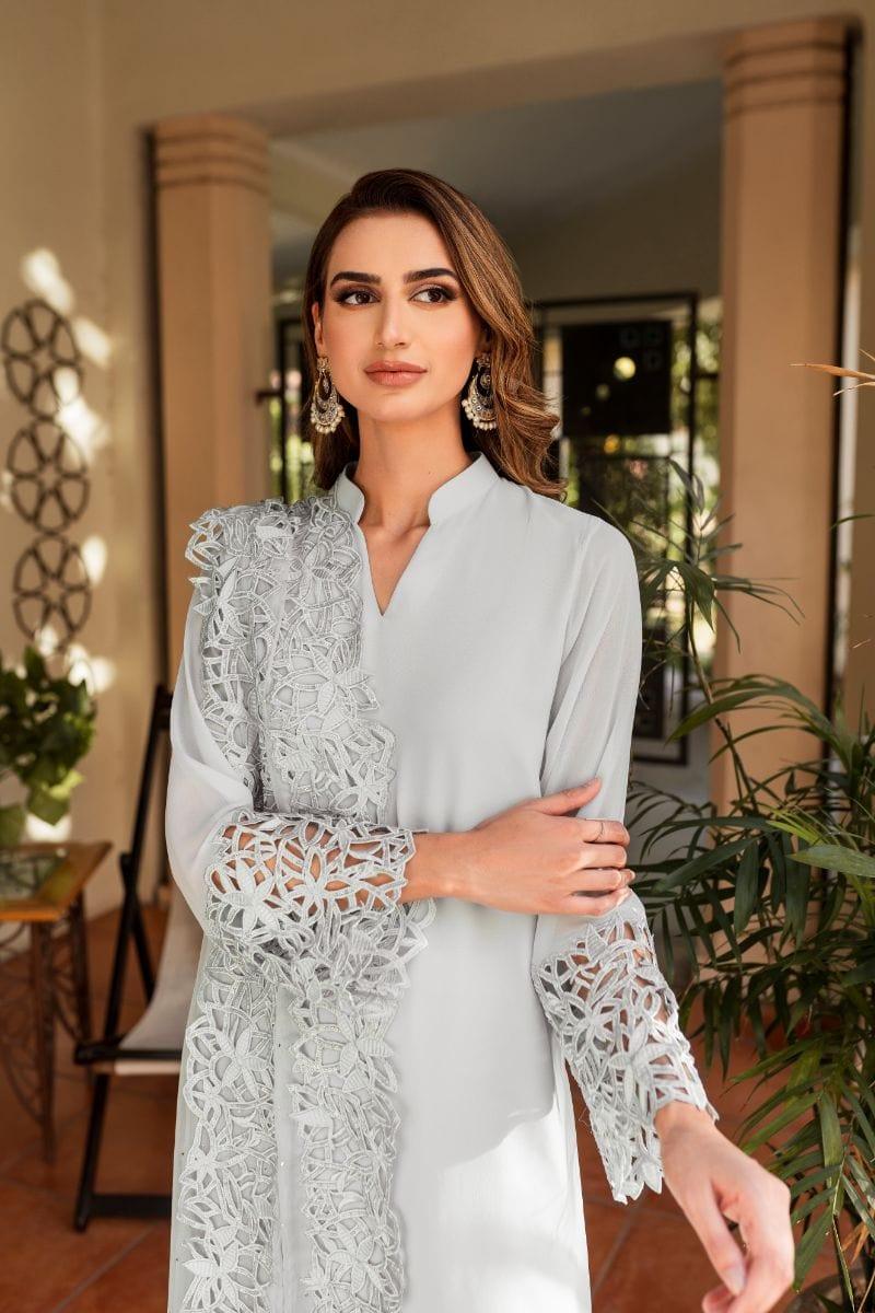 Natasha Kamal - Powder Blue Georgette Chiffon Shirt and Viscose Silk Pants with Mukesh Chiffon Dupatta - 3 Pieces - Studio by TCS