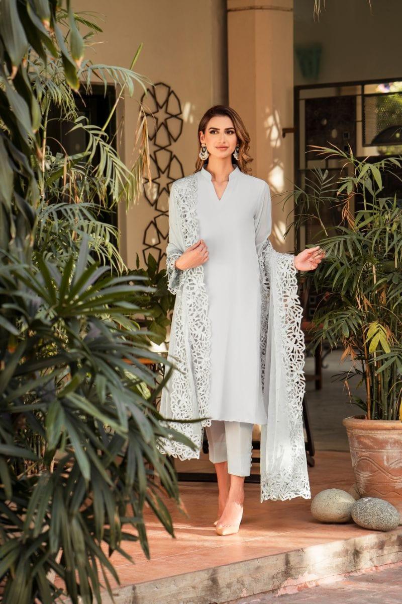 Natasha Kamal - Powder Blue Georgette Chiffon Shirt and Viscose Silk Pants with Mukesh Chiffon Dupatta - 3 Pieces - Studio by TCS