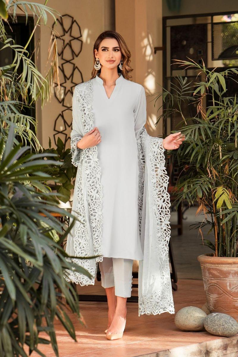 Natasha Kamal - Powder Blue Georgette Chiffon Shirt and Viscose Silk Pants with Mukesh Chiffon Dupatta - 3 Pieces - Studio by TCS