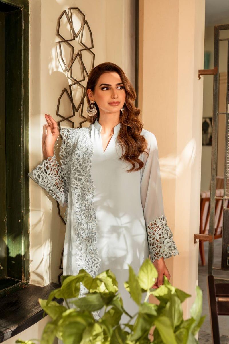 Natasha Kamal - Powder Blue Georgette Chiffon Shirt and Viscose Silk Pants with Mukesh Chiffon Dupatta - 3 Pieces - Studio by TCS
