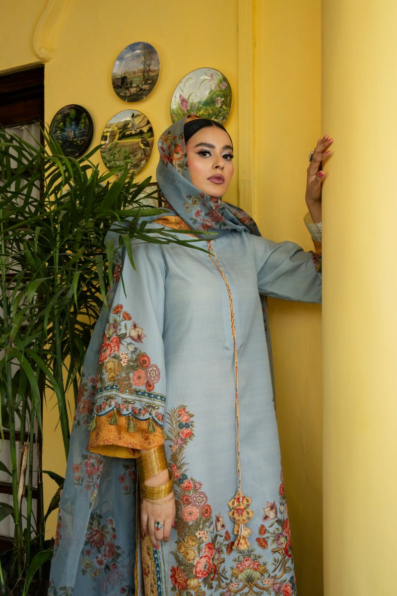 Maria Osama Khan - Sama  - Pastel Blue - Lawn & organza - 3 Piece