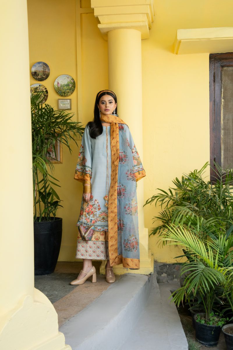 Maria Osama Khan - Sama  - Pastel Blue - Lawn & organza - 3 Piece
