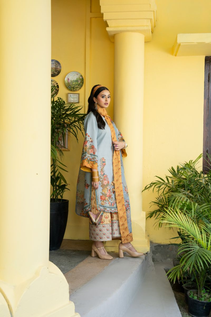 Maria Osama Khan - Sama  - Pastel Blue - Lawn & organza - 3 Piece