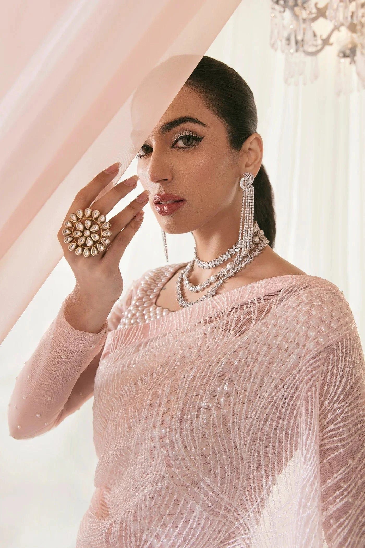 Nilofer Shahid - Pearl Silk Embroidered Saree with Pure Net Blouse and Silk Peti Coat - Serenity - 3 Piece - Studio by TCS
