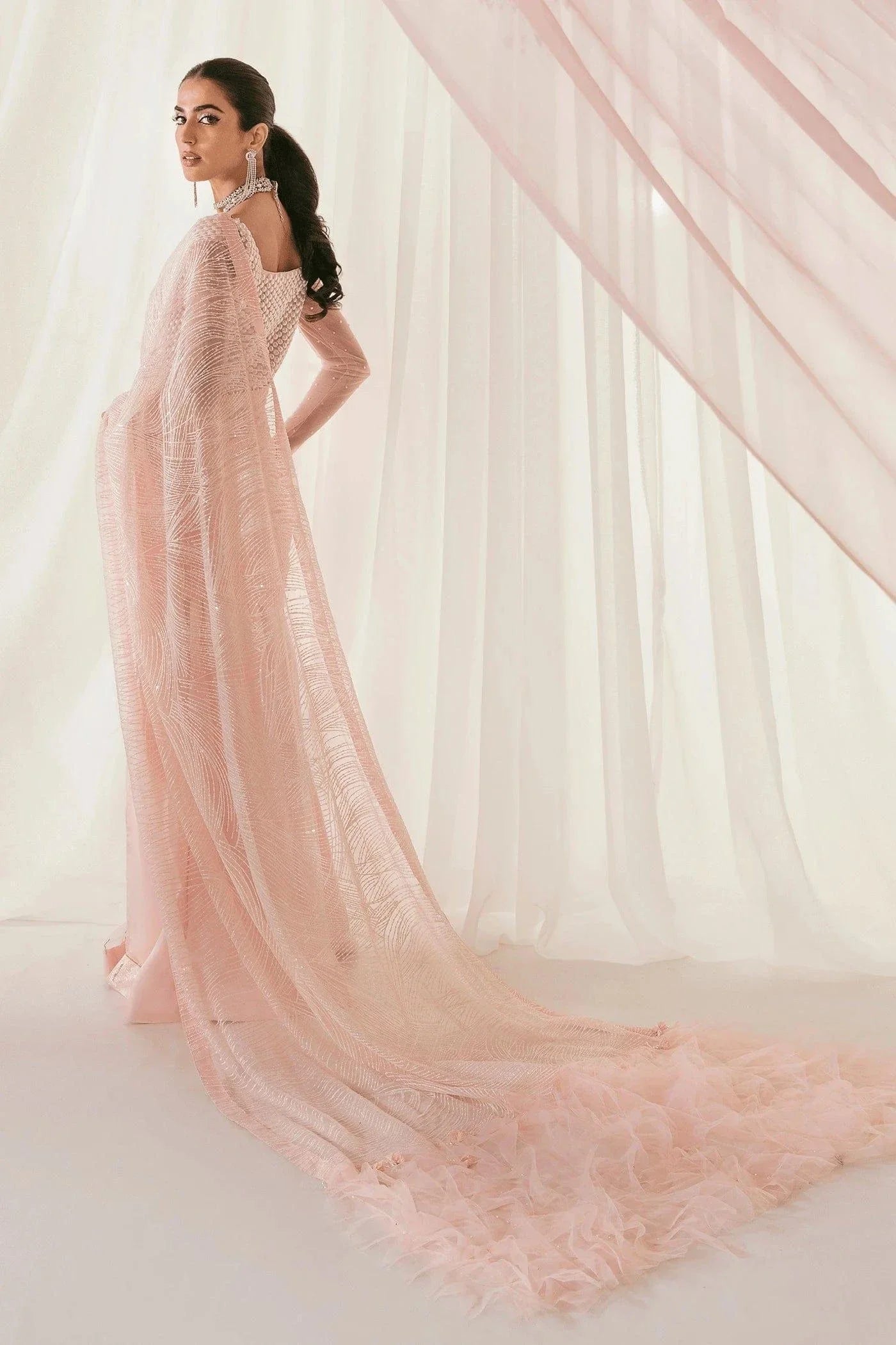 Nilofer Shahid - Pearl Silk Embroidered Saree with Pure Net Blouse and Silk Peti Coat - Serenity - 3 Piece - Studio by TCS