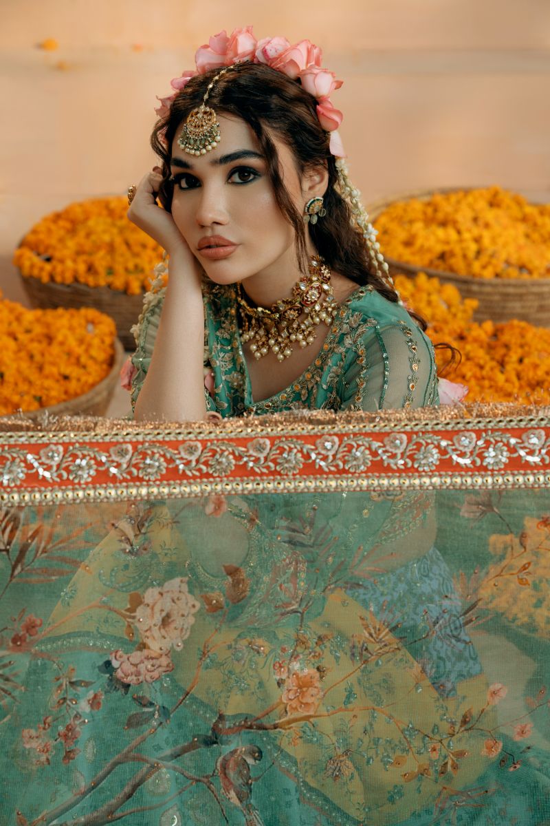 Fozia Khalid - Shagun - Organza - Sea Green, yellow & orange - 4 Piece