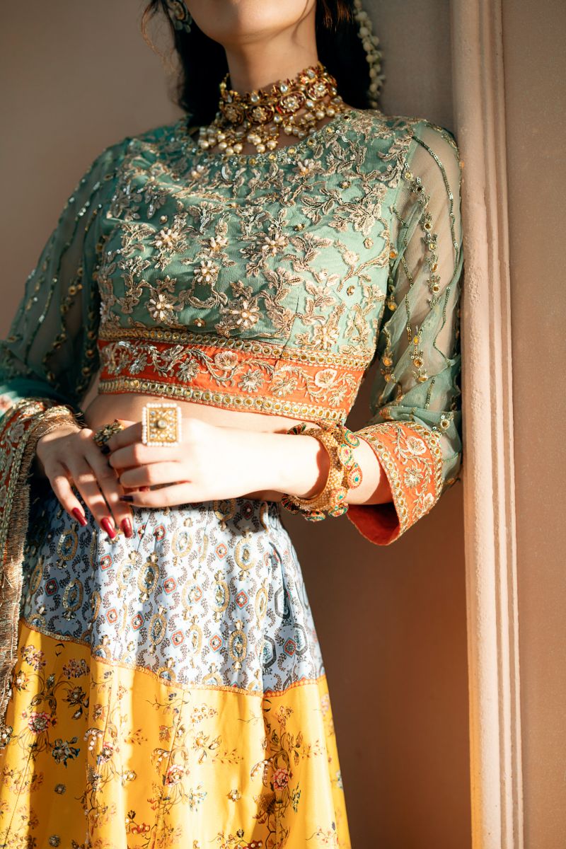 Fozia Khalid - Shagun - Organza - Sea Green, yellow & orange - 4 Piece