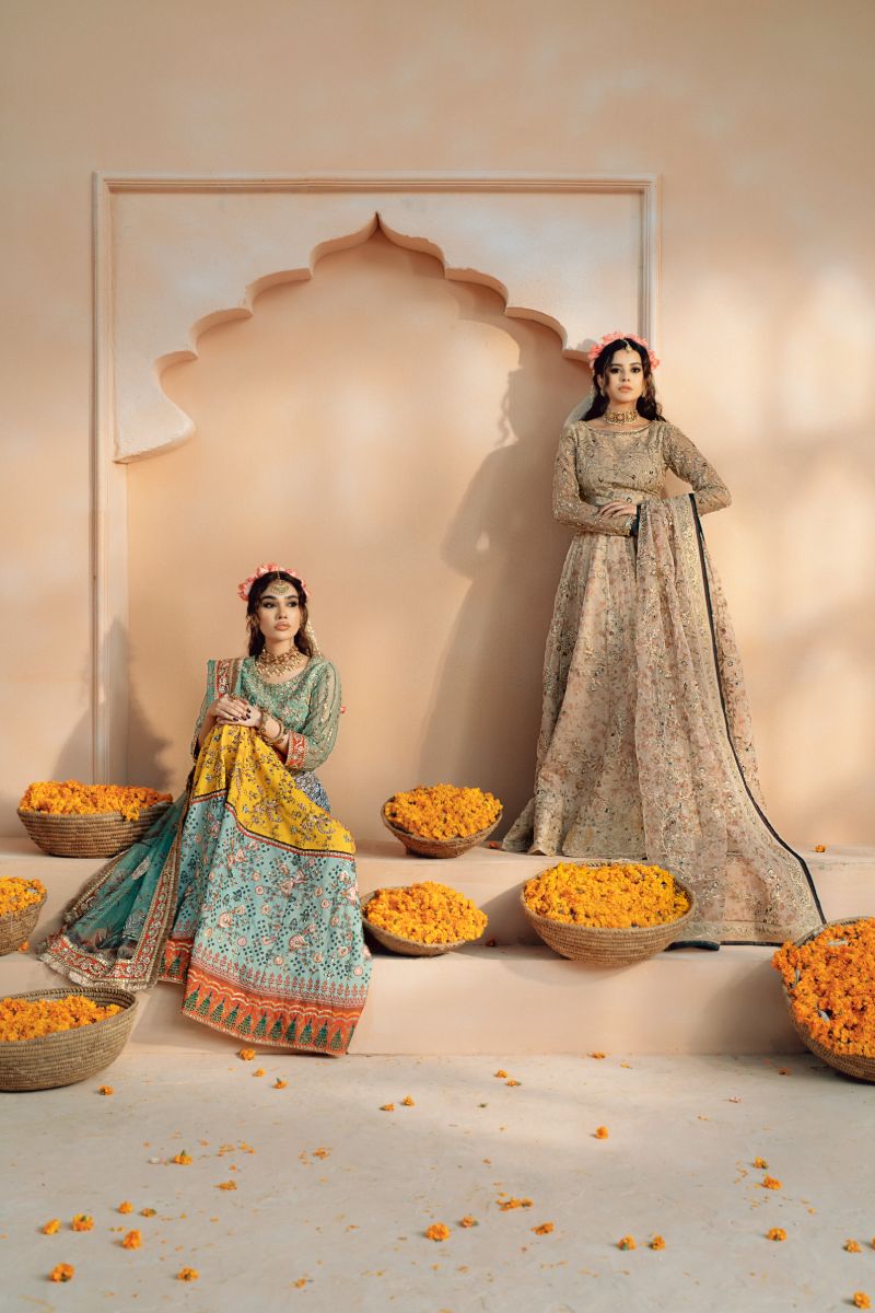 Fozia Khalid - Shagun - Organza - Sea Green, yellow & orange - 4 Piece