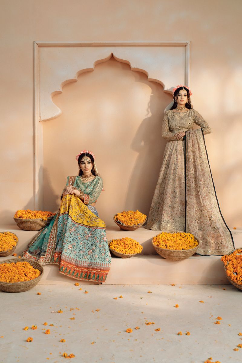 Fozia Khalid - Shagun - Organza - Sea Green, yellow & orange - 4 Piece