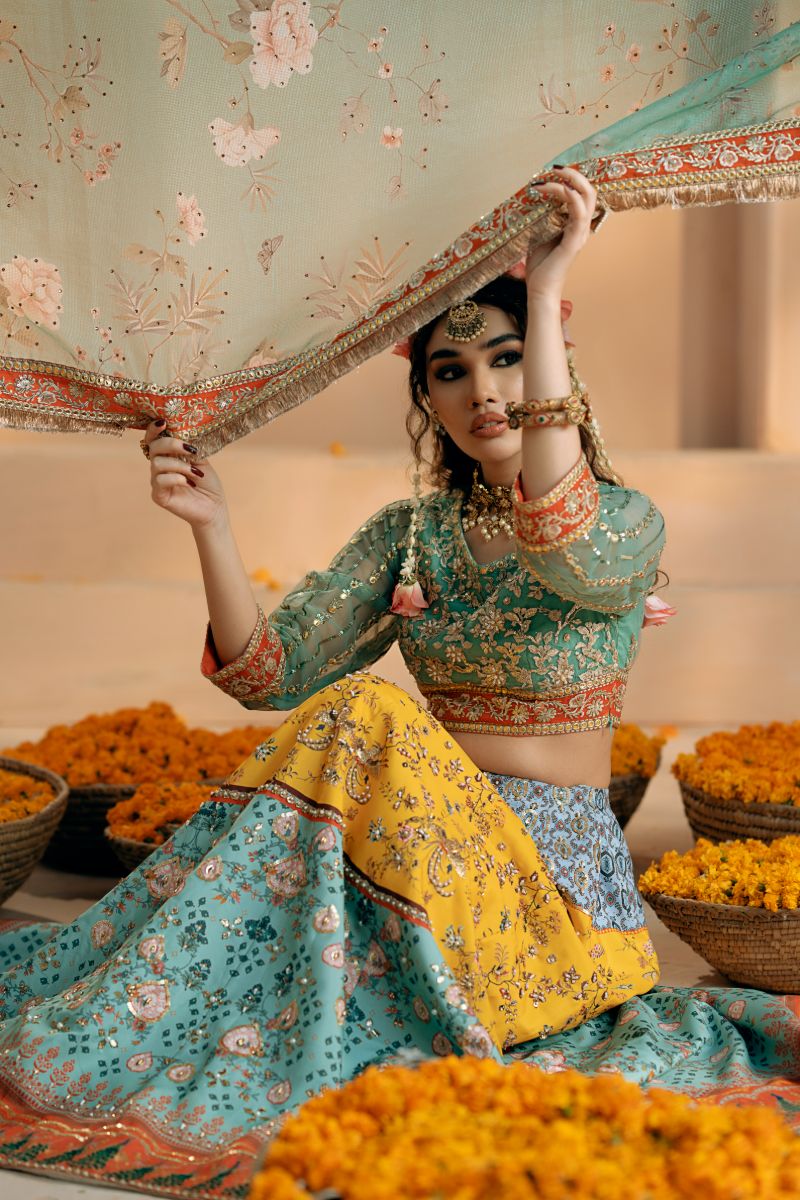 Fozia Khalid - Shagun - Organza - Sea Green, yellow & orange - 4 Piece