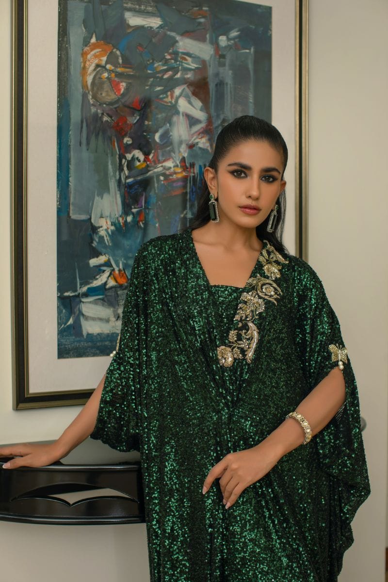Insia Sohail - Moose Green Kaftan - 1 Piece - Sequence - Studio by TCS