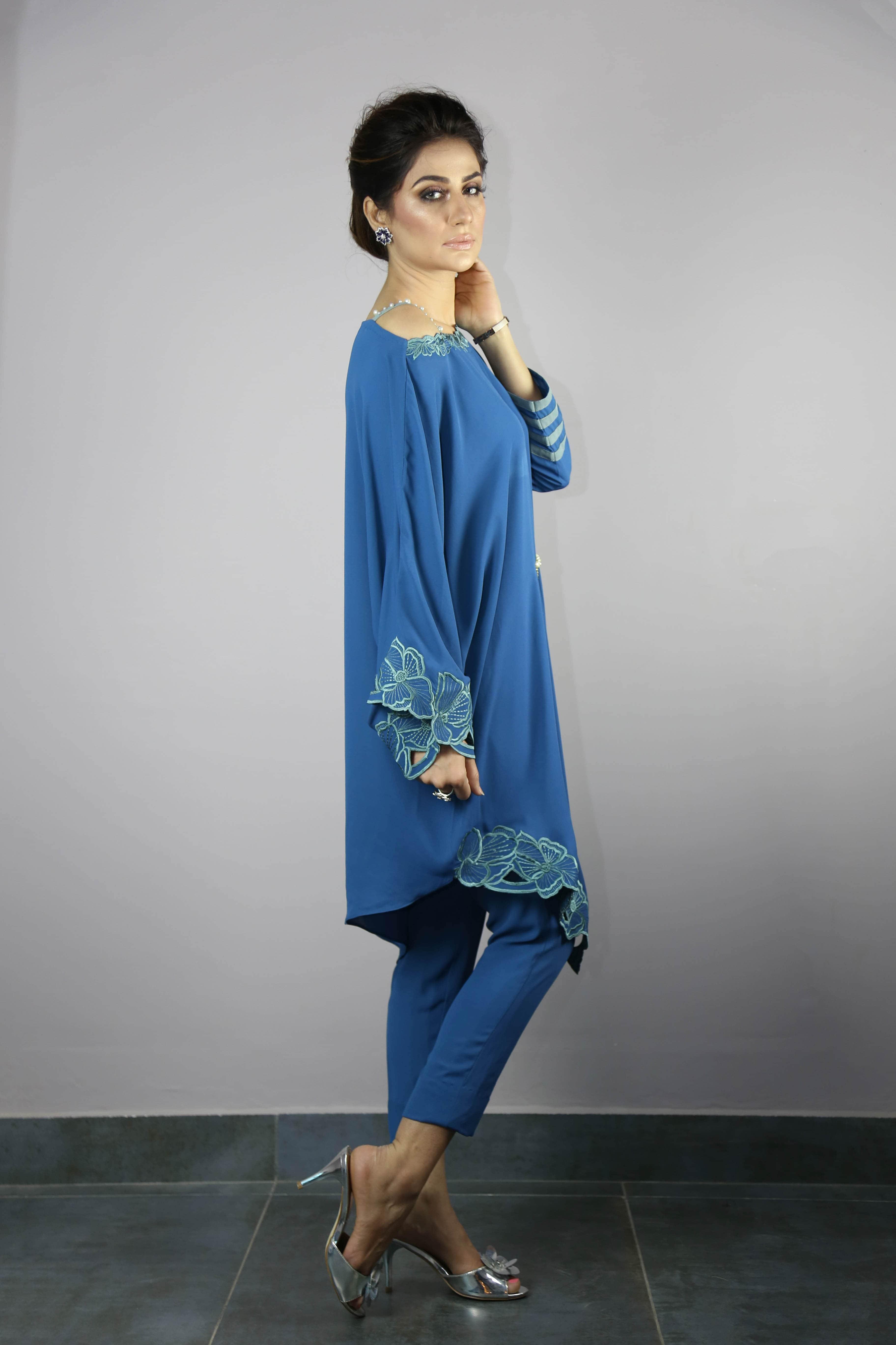Urooj Fahd - Ocean Blue Angular Cut Work Tunic Top - 2 PC