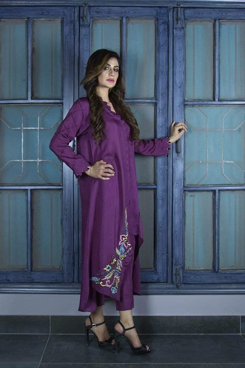 Urooj Fahd - Plum Angular Hemline Shirt - 2 PC