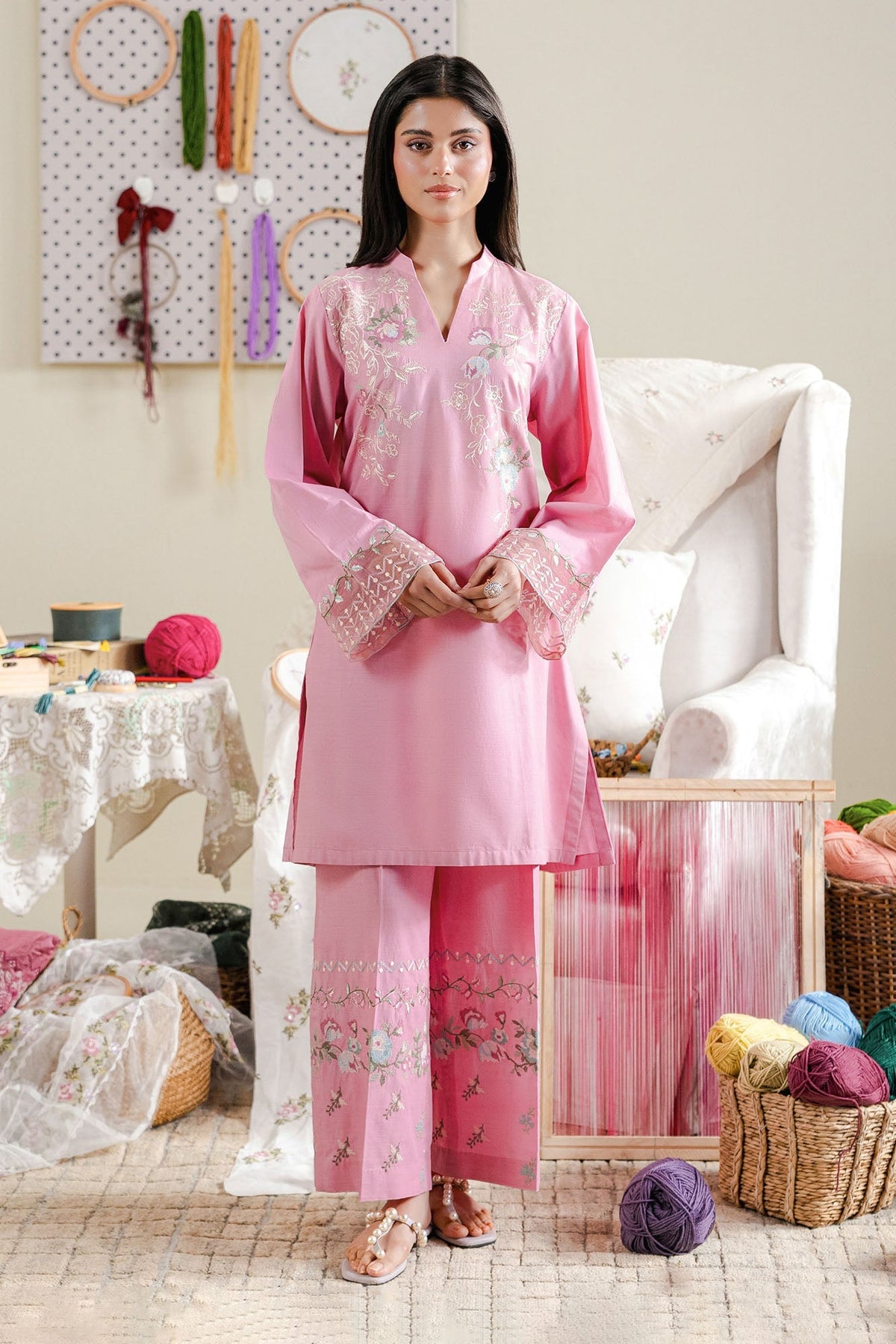 Cross Stitch - Blush Thread Cambric Suit For Women - Pink - 2 Piece