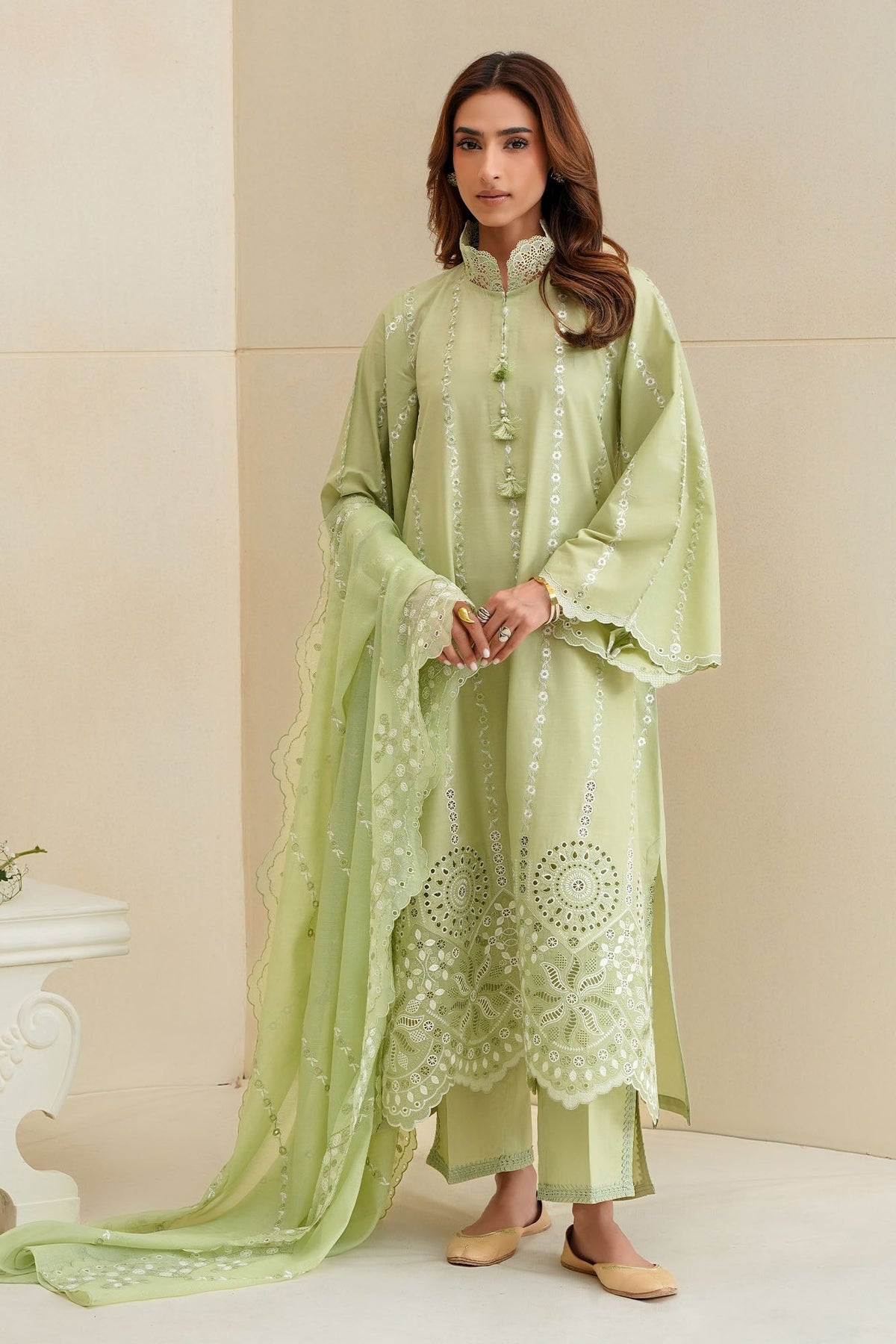 Cross Stitch - Sage Silk Chikankari Lawn Unstitch Suit For Women - 3 Piece