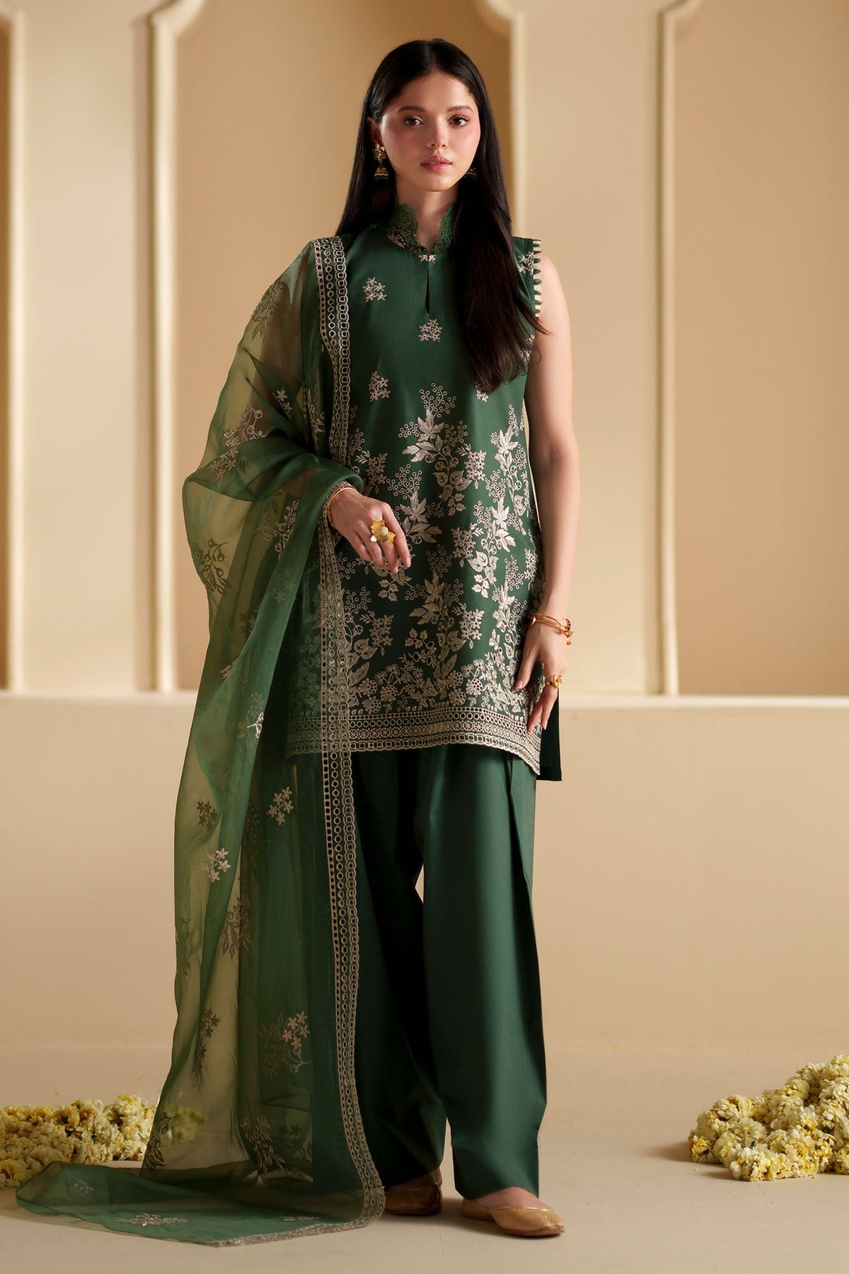 Cross Stitch - Forest Green Chikankari Lawn Suit For Women - 3 Piece