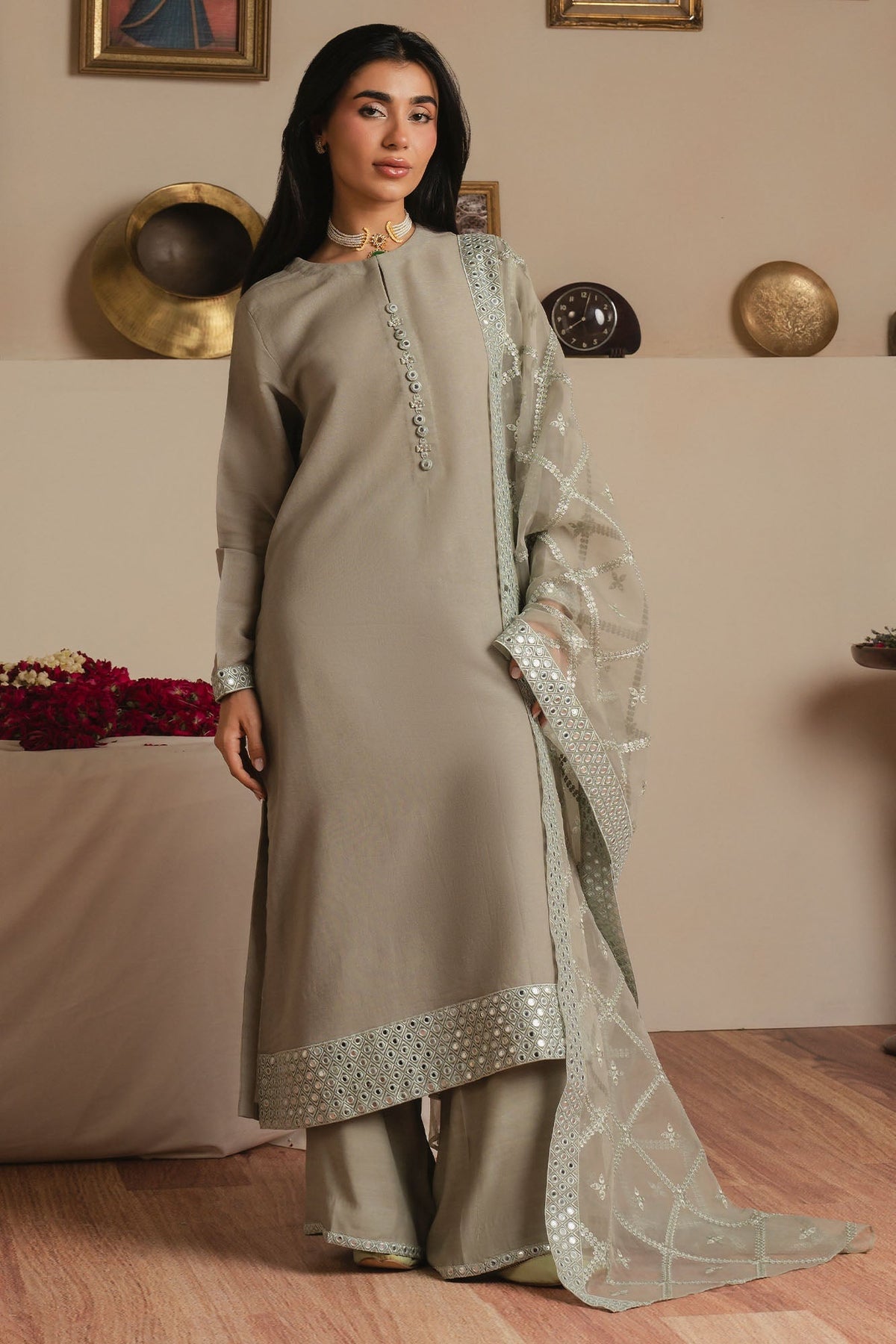 Cross Stitch - Mint Glow Fancy Yarn Suit For Women - Green - 3 Piece