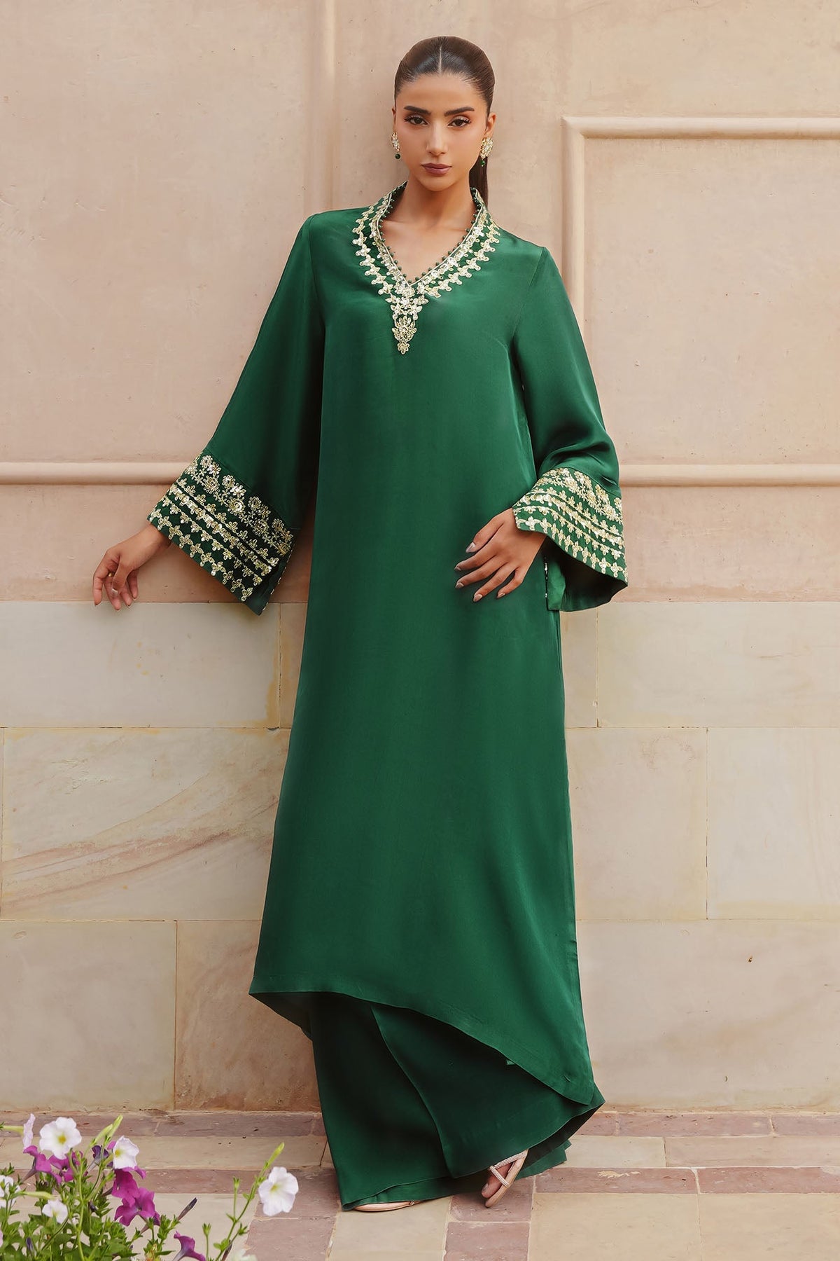 Cross Stitch - Emerald Enchantment Silk Suit For Women - Green - 2 Piece