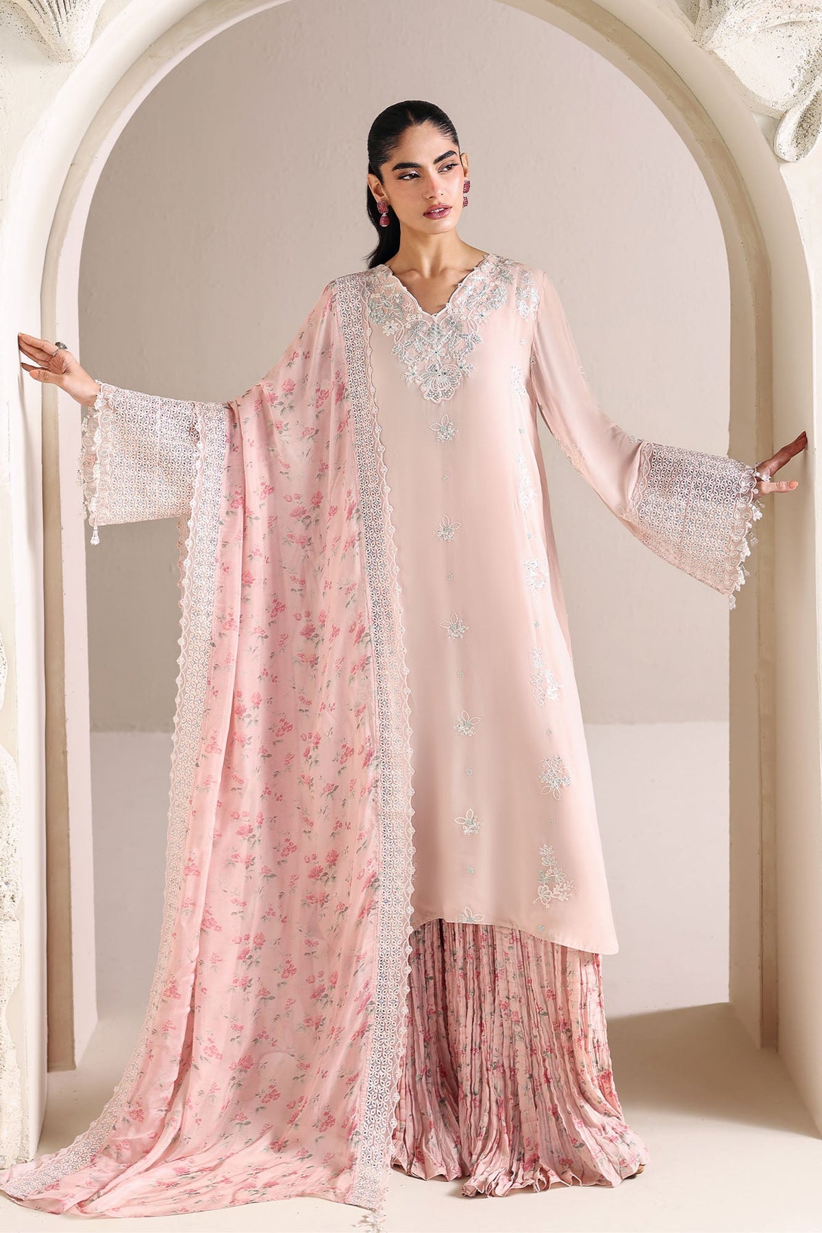 Cross Stitch - Pink Blossom Chiffon Suit For Women - 4 Piece