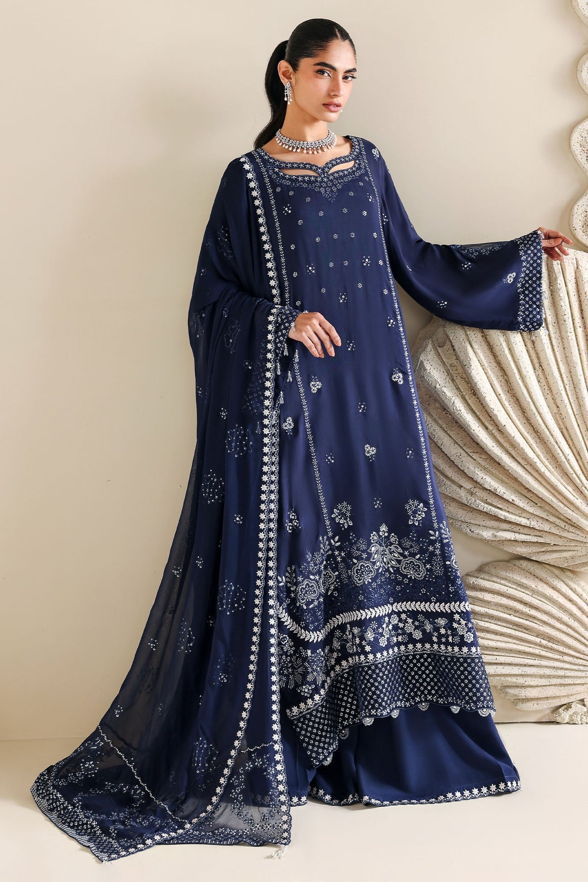Cross Stitch - Indigo Muse Silk Suit For Women - 3 Piece