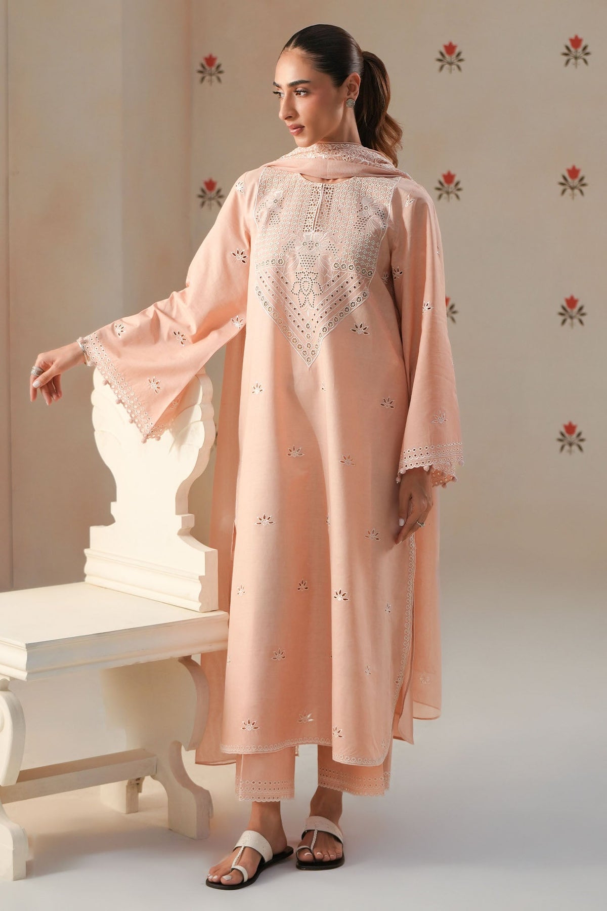 Cross Stitch - Petal Peach Chikankari Lawn Unstitch Suit For Women - 3 Piece