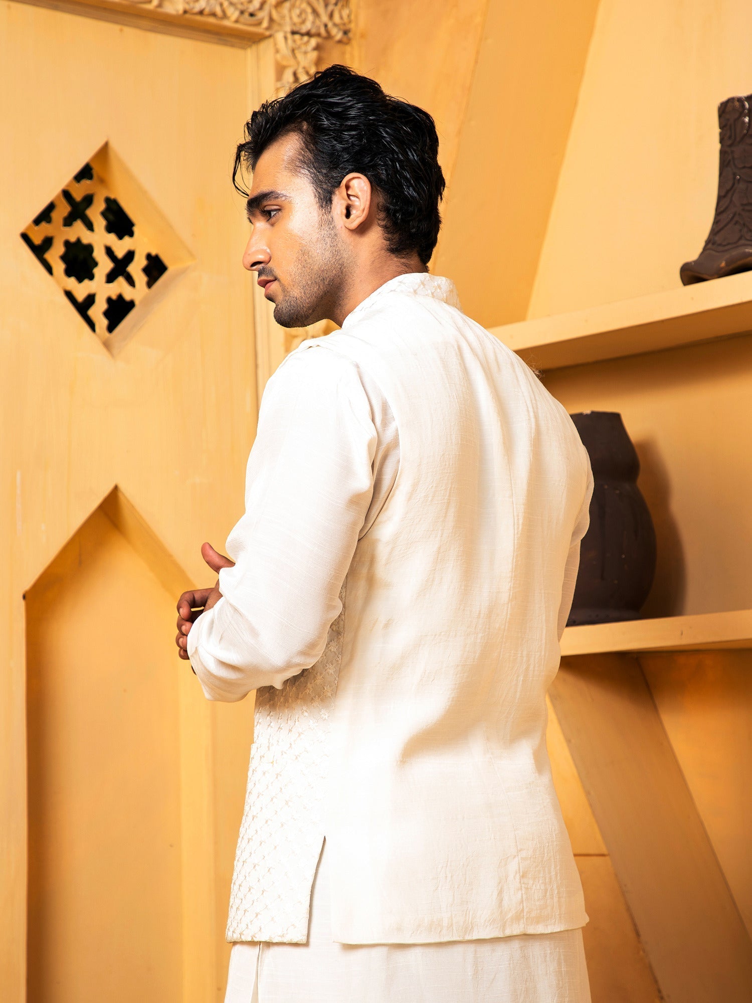 Shahjahan - Off White Kurta Trouser With Waistcoat - 3 Piece